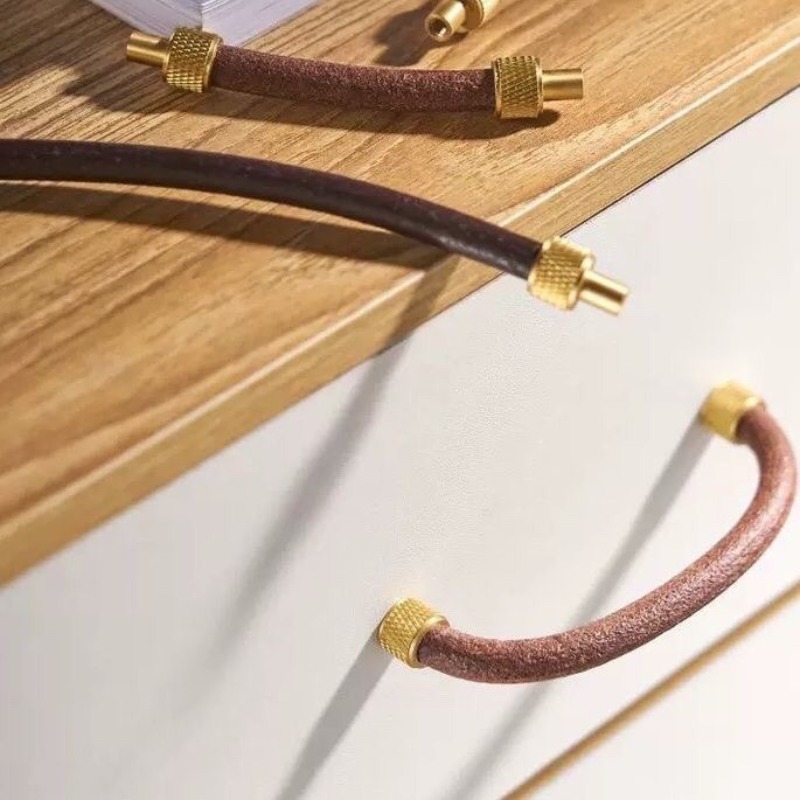 Furniture Hardware Nut - Brass + Leather Cabinet Pulls Handle